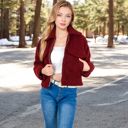 Red Large Women's Zip-Up Collared Jacket with Front Flap Pockets