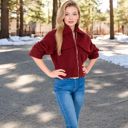 Red Large Women's Zip-Up Collared Jacket with Front Flap Pockets