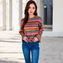 Multicolored Large Women's Multi-Color Striped Knit Sweater with Long Sleeves and Crew Neck