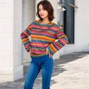 Multicolored Large Women's Multi-Color Striped Knit Sweater with Long Sleeves and Crew Neck