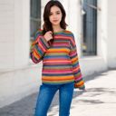 Multicolored Large Women's Multi-Color Striped Knit Sweater with Long Sleeves and Crew Neck