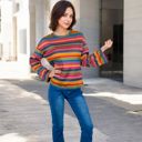 Multicolored Large Women's Multi-Color Striped Knit Sweater with Long Sleeves and Crew Neck