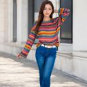 Multicolored Large Women's Multi-Color Striped Knit Sweater with Long Sleeves and Crew Neck