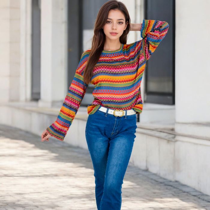 Women's Multi-Color Striped Knit Sweater with Long Sleeves and Crew Neck