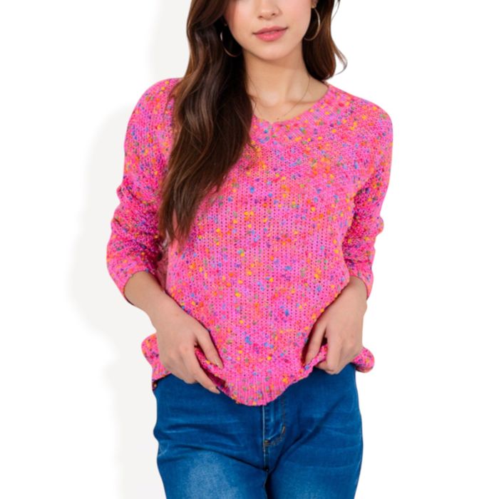 Women's Pink Confetti Knit Sweater with Crew Neck and Long Sleeves