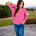 Gold Large Women's Pink Confetti Knit Sweater with Crew Neck and Long Sleeves