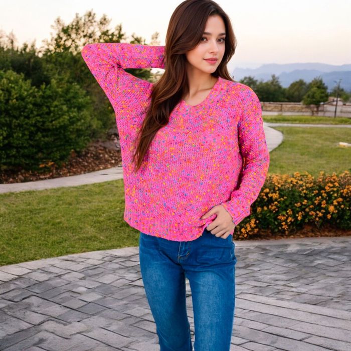 Women's Pink Confetti Knit Sweater with Crew Neck and Long Sleeves