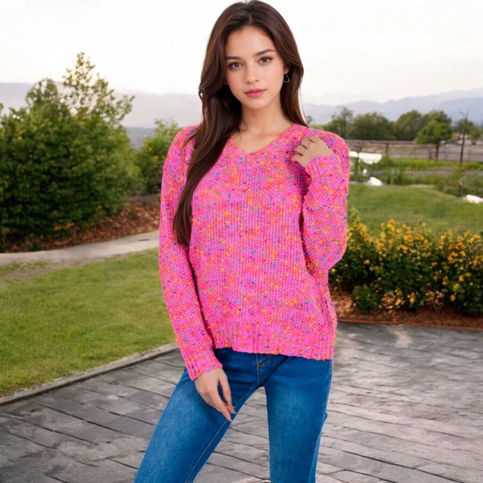 Women's Pink Confetti Knit Sweater with Crew Neck and Long Sleeves