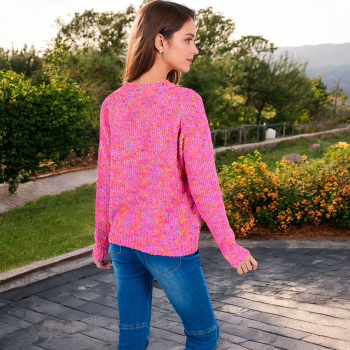 Women's Pink Confetti Knit Sweater with Crew Neck and Long Sleeves