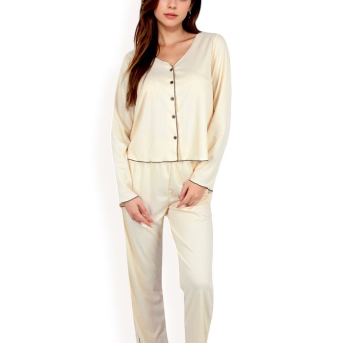 Women's Satin 2-Piece Pajama Set with Button-Up Long Sleeve Top and Relaxed Fit Pants