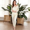 Beige Large Women's Satin 2-Piece Pajama Set with Button-Up Long Sleeve Top and Relaxed Fit Pants