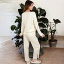 Beige Large Women's Satin 2-Piece Pajama Set with Button-Up Long Sleeve Top and Relaxed Fit Pants