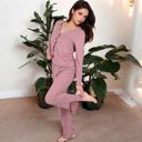 Pink Large Women's Satin 2-Piece Pajama Set with Button-Up Long Sleeve Top and Relaxed Fit Pants