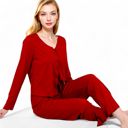 Red Large Women's Satin 2-Piece Pajama Set with Button-Up Long Sleeve Top and Relaxed Fit Pants