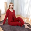 Red Large Women's Satin 2-Piece Pajama Set with Button-Up Long Sleeve Top and Relaxed Fit Pants