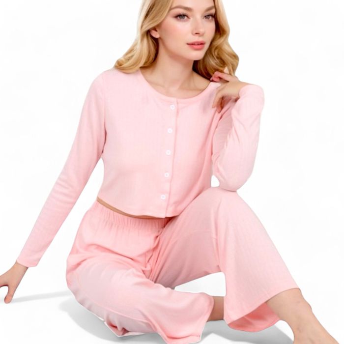 Women's Ribbed Button-Down Long Sleeve Top and Wide-Leg Pants Lounge Set