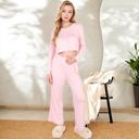 Pink Large Women's Ribbed Button-Down Long Sleeve Top and Wide-Leg Pants Lounge Set