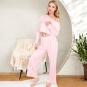 Pink Large Women's Ribbed Button-Down Long Sleeve Top and Wide-Leg Pants Lounge Set