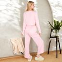 Pink Large Women's Ribbed Button-Down Long Sleeve Top and Wide-Leg Pants Lounge Set