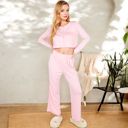 Pink Large Women's Ribbed Button-Down Long Sleeve Top and Wide-Leg Pants Lounge Set