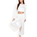 White Large Women's Ribbed Button-Down Long Sleeve Top and Wide-Leg Pants Lounge Set