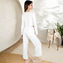 White Large Women's Ribbed Button-Down Long Sleeve Top and Wide-Leg Pants Lounge Set