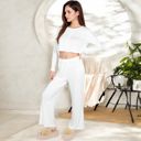 White Large Women's Ribbed Button-Down Long Sleeve Top and Wide-Leg Pants Lounge Set