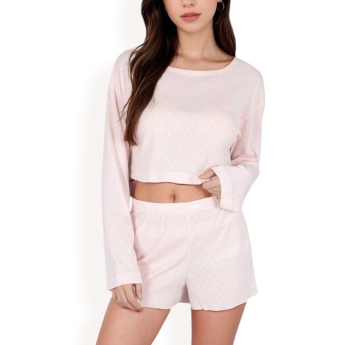 Women's Long Sleeve Crop Top and Elastic Waist Lounge Shorts Set