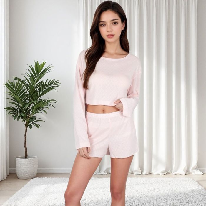 Women's Long Sleeve Crop Top and Elastic Waist Lounge Shorts Set