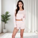 Pink Large Women's Long Sleeve Crop Top and Elastic Waist Lounge Shorts Set