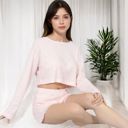 Pink Large Women's Long Sleeve Crop Top and Elastic Waist Lounge Shorts Set