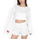 White Large Women's Long Sleeve Crop Top and Elastic Waist Lounge Shorts Set