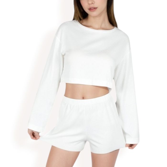 Women's Long Sleeve Crop Top and Elastic Waist Lounge Shorts Set