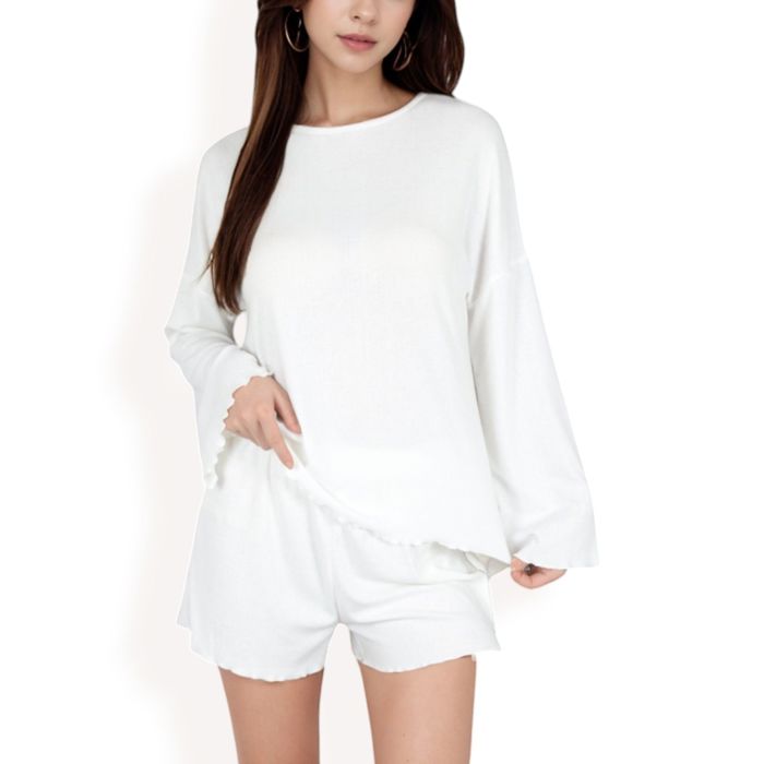 Women's Long Sleeve Lounge Top and Elastic Waist Shorts Set