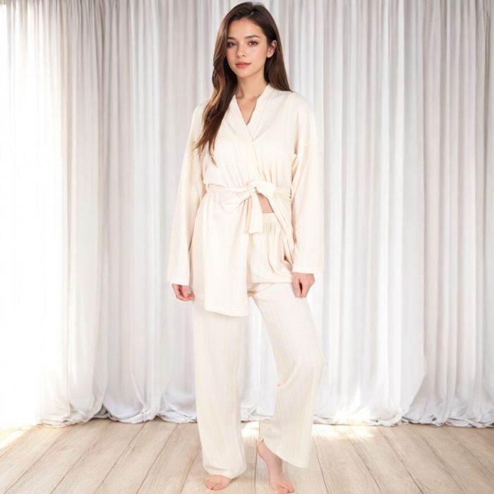 Women's 3-Piece Lounge Set with Tie-Front Cardigan and Ribbed Pants