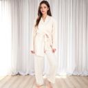 Beige Large Women's 3-Piece Lounge Set with Tie-Front Cardigan and Ribbed Pants