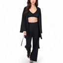 Black Large Women's 3-Piece Lounge Set with Tie-Front Cardigan and Ribbed Pants