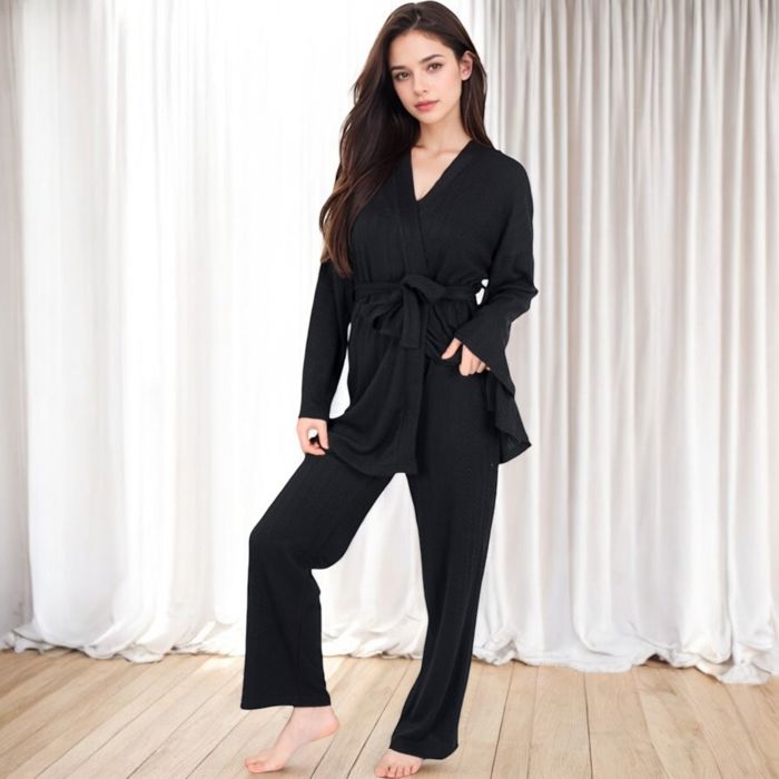 Women's 3-Piece Lounge Set with Tie-Front Cardigan and Ribbed Pants