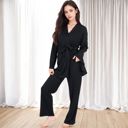 Black Large Women's 3-Piece Lounge Set with Tie-Front Cardigan and Ribbed Pants