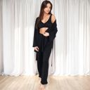 Black Large Women's 3-Piece Lounge Set with Tie-Front Cardigan and Ribbed Pants