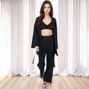 Black Small Women's 3-Piece Lounge Set with Tie-Front Cardigan and Ribbed Pants