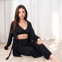 Black Small Women's 3-Piece Lounge Set with Tie-Front Cardigan and Ribbed Pants