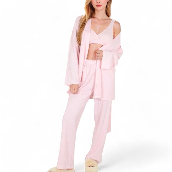 Women's 3-Piece Lounge Set with Tie-Front Cardigan and Ribbed Pants