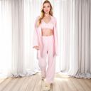 Pink Large Women's 3-Piece Lounge Set with Tie-Front Cardigan and Ribbed Pants