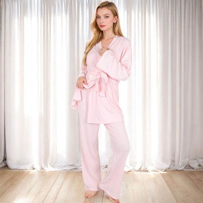 Women's 3-Piece Lounge Set with Tie-Front Cardigan and Ribbed Pants