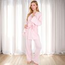 Pink Large Women's 3-Piece Lounge Set with Tie-Front Cardigan and Ribbed Pants