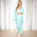 Green Large Women's 3-Piece Lounge Set with Tie-Front Cardigan and Ribbed Pants