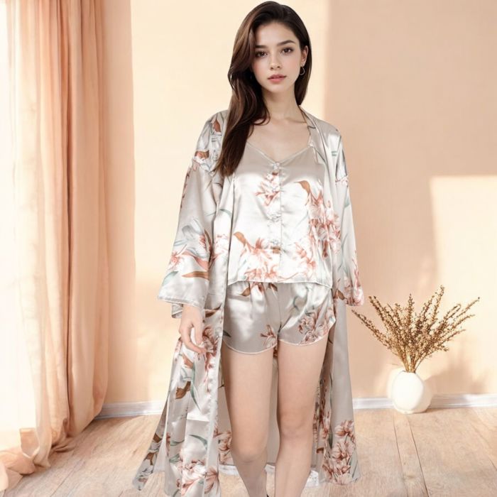 Women's Floral Satin Set Robe with Matching Cami Top and Shorts