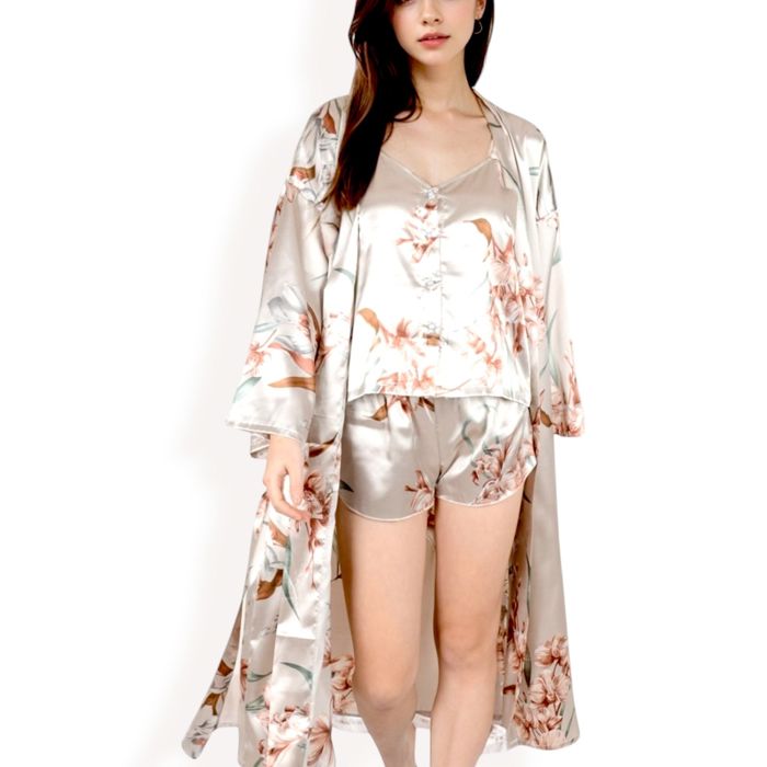 Women's Floral Satin Set Robe with Matching Cami Top and Shorts