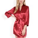 Red Large Women's Short Satin Robe with Waist Tie and Three-Quarter Sleeves